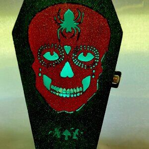 Red Skull Multi Light Coffin Halloween Home Decor Hand Crafted Wooden NEW Unique